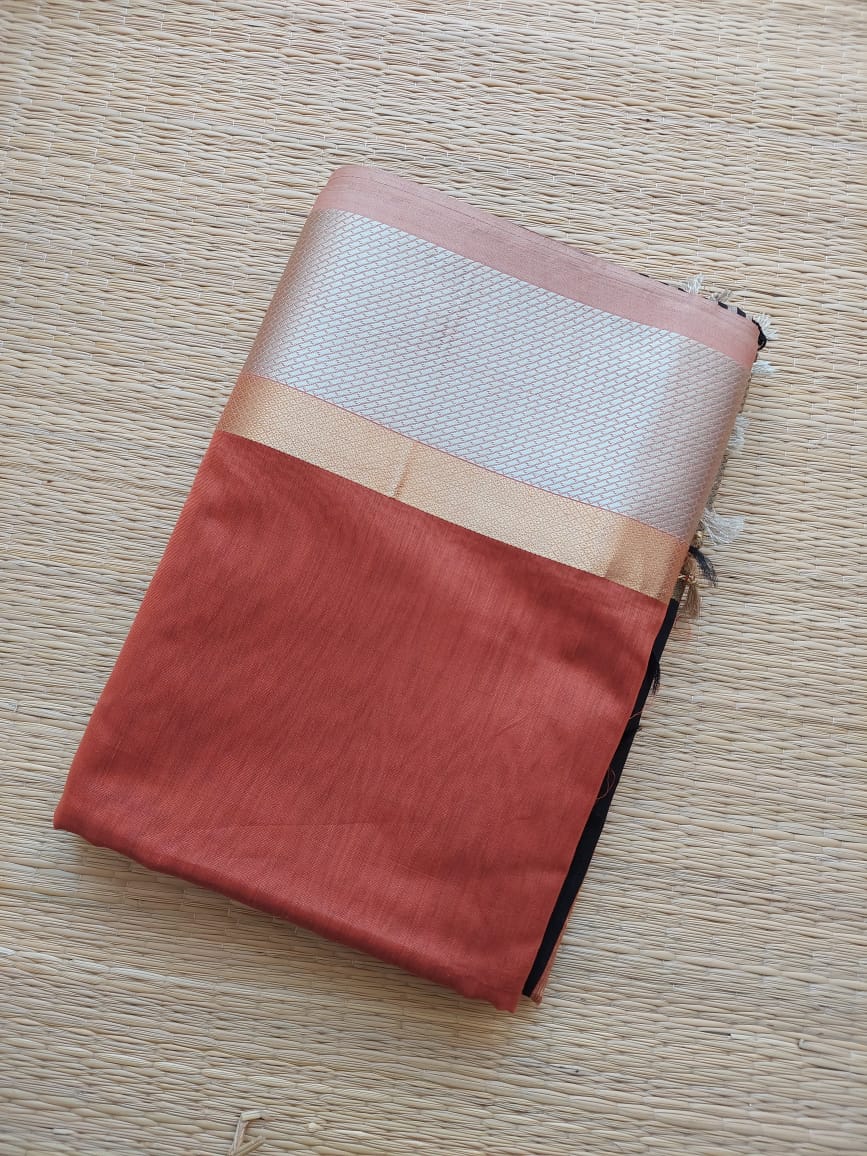 Light brown sari with silver border