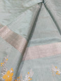 Teal Chanderi Silk Saree with Silver Floral Border
