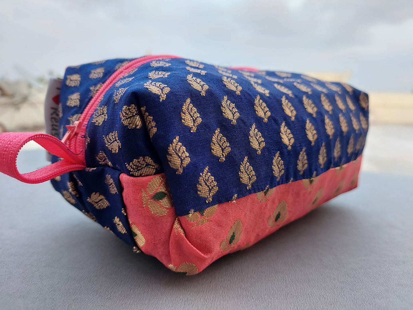 Pink and blue benaras fabric pouch