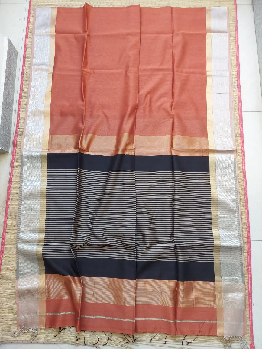 Light brown sari with silver border