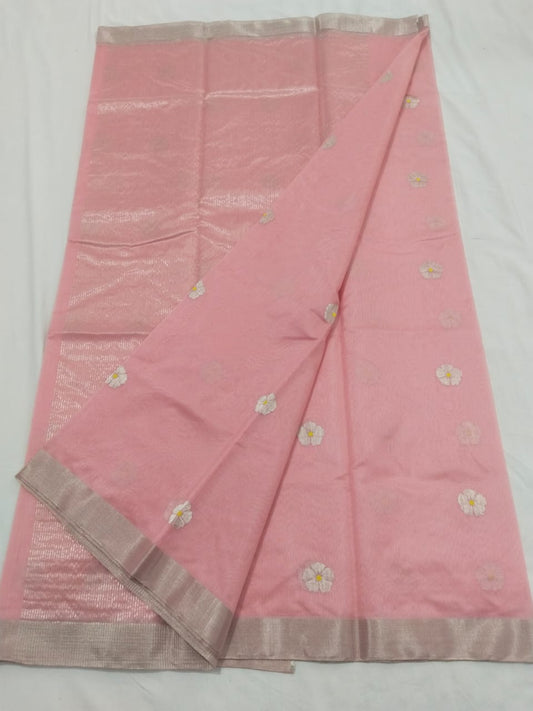 Pretty flowers on peach chanderi sari